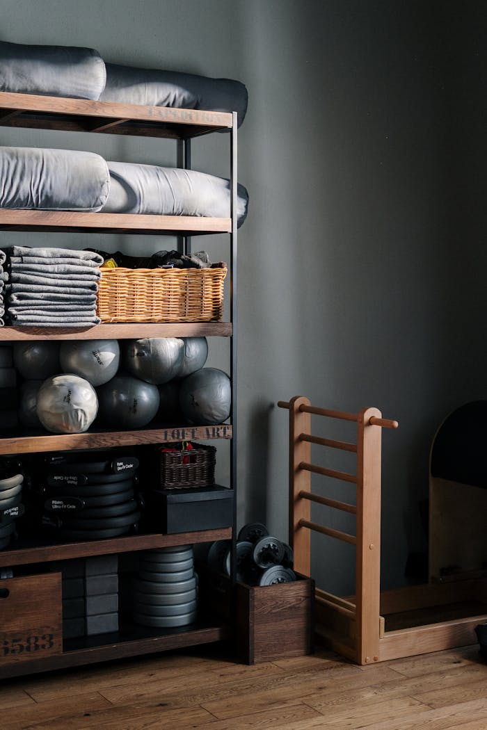 Neat arrangement of gym equipment and yoga mats in a modern fitness studio.